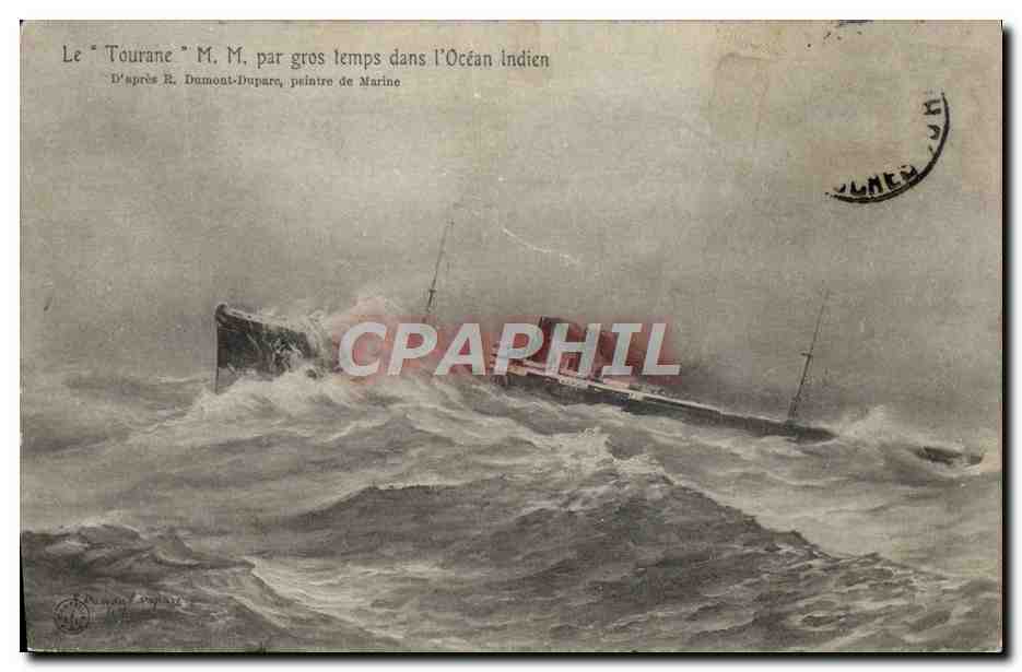 Le "Tourane" M. M. par gros temps dans l'Océan Indien — D'après R. Dumont-Duparey, peintre de Marine