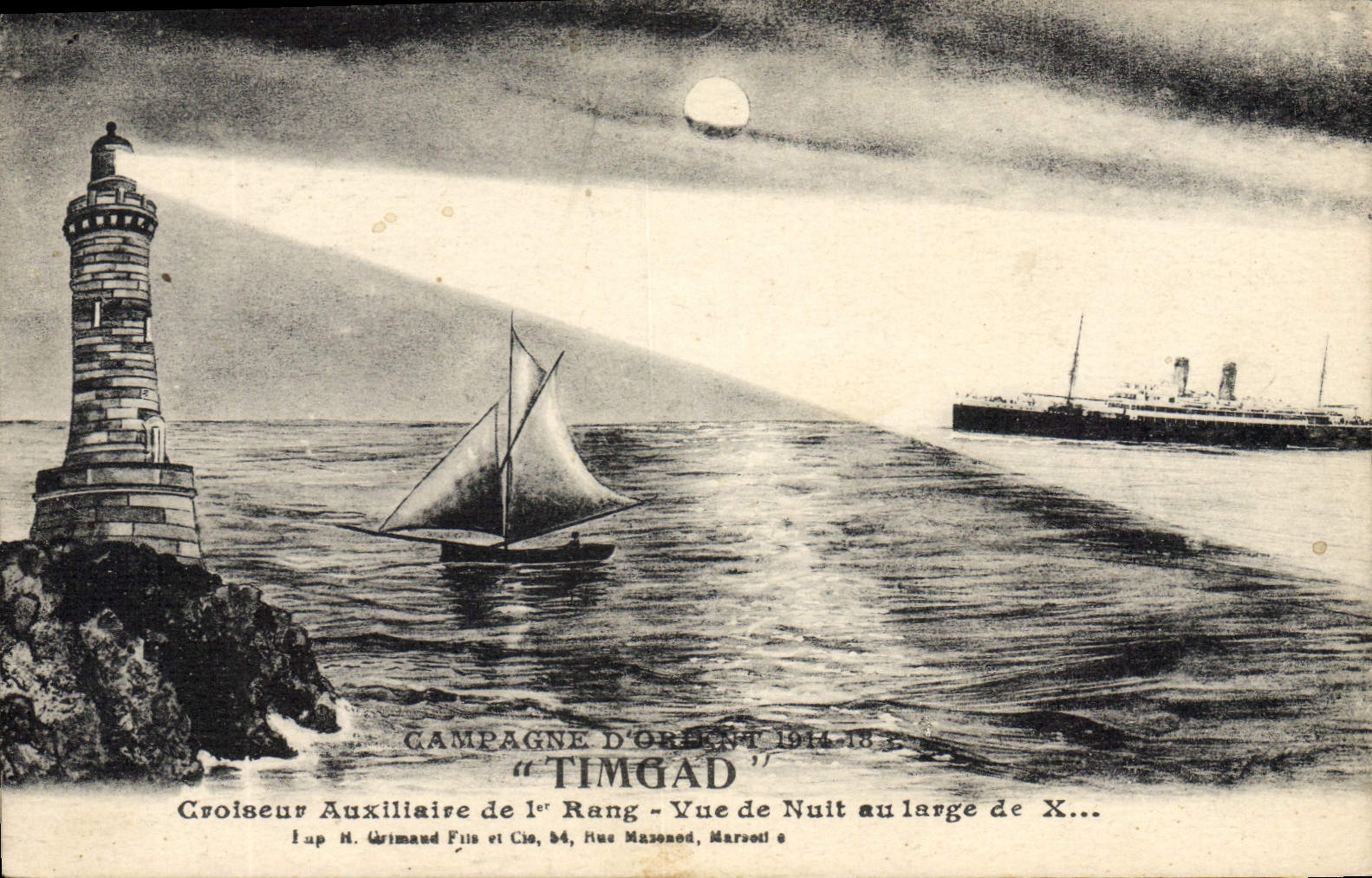 Vue de Nuit au large de X... — Croiseur Auxiliaire de 1er Rang "TIMGAD" — Éditeur H. Grimaud Fils et Cie, Marseille