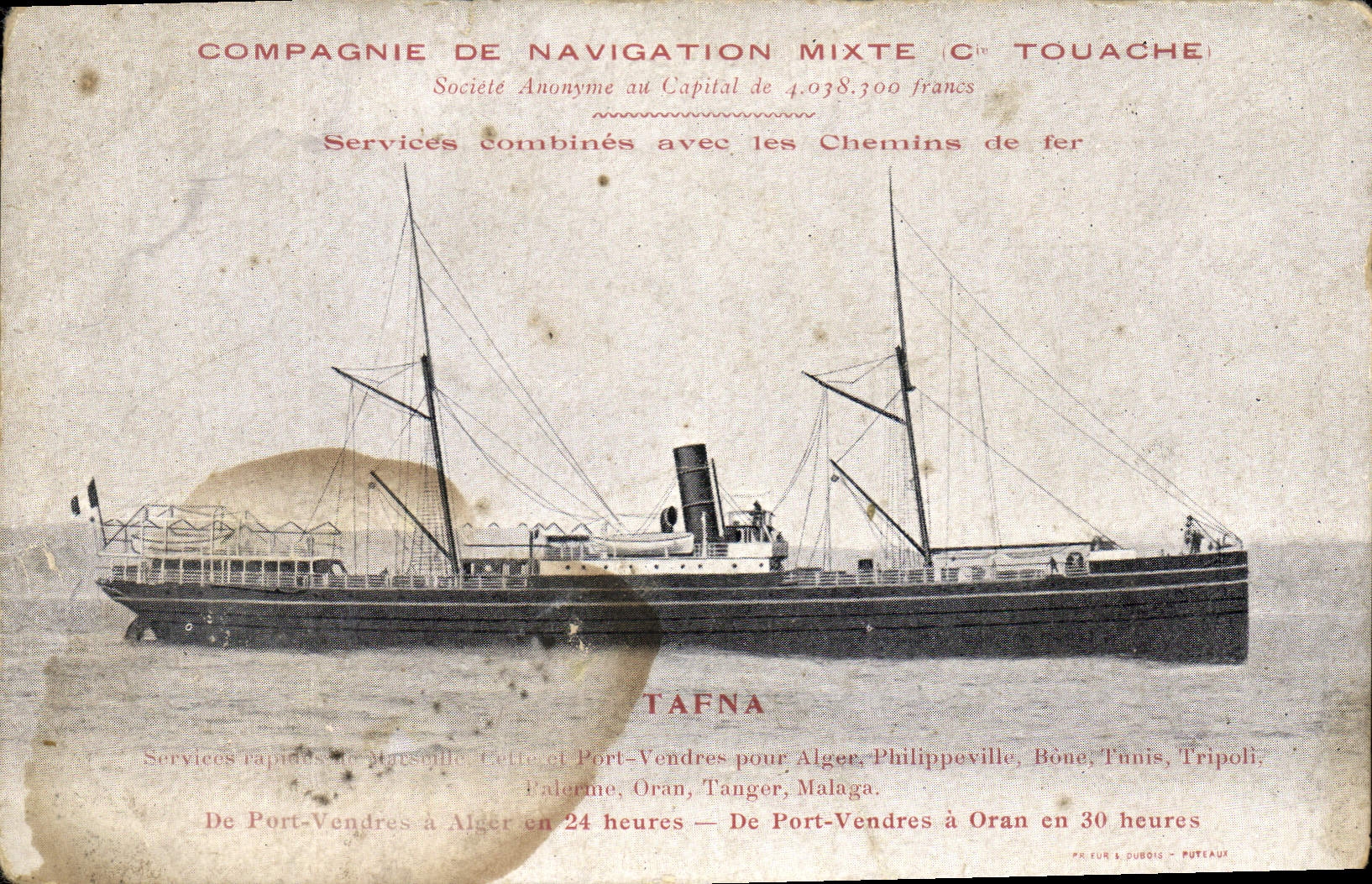 CPA Bateau Tafna Compagnie de navigation mixte Touache Port Vendres a Alger