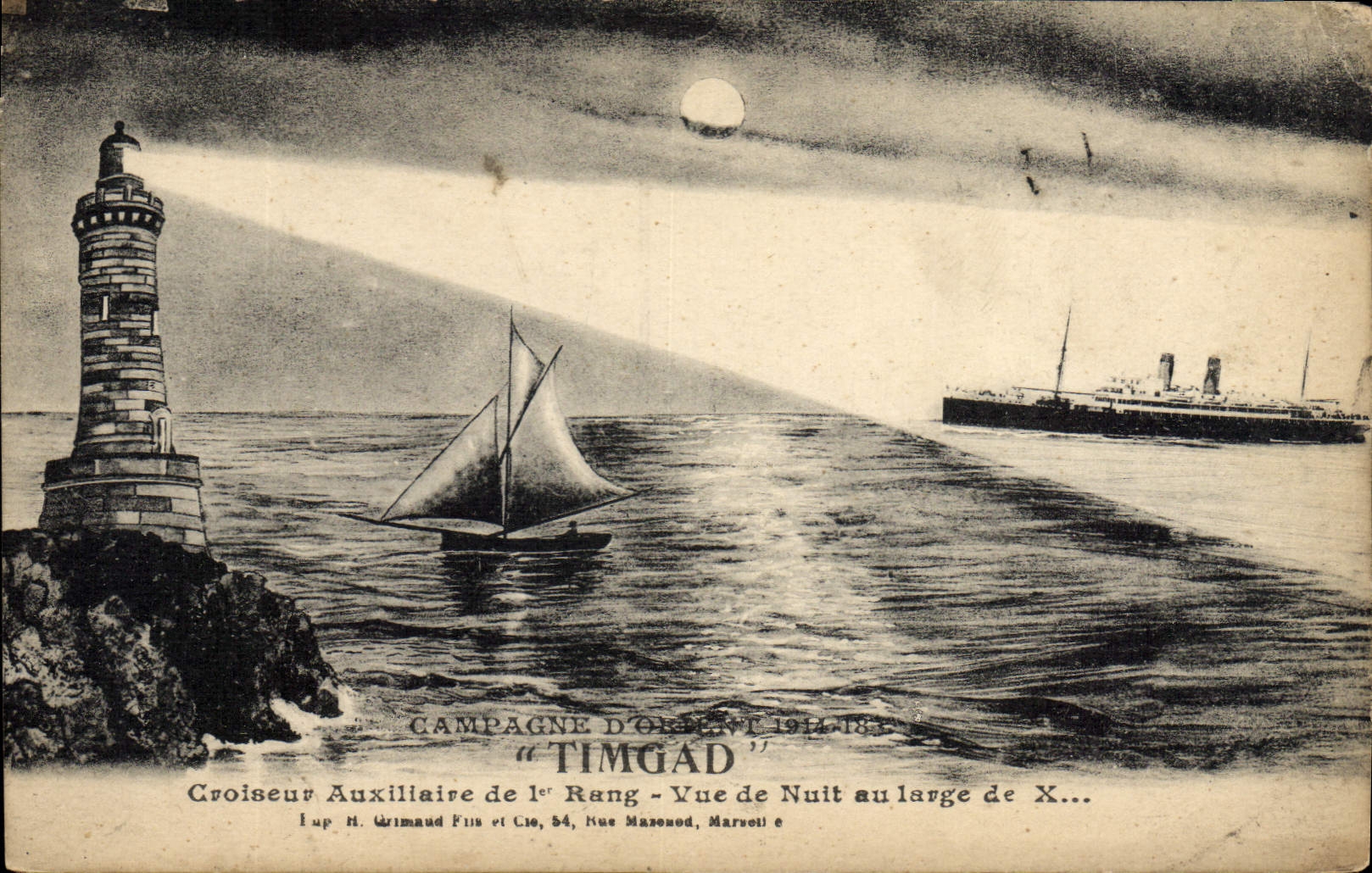 Campagne d'Orient 1914-18 - Croiseur Auxiliaire de 1er Rang "TimGad" - Vue de Nuit au large de X... — Éditeur H. Grimaud Frères, 84, Rue Mazenod, Marseille
