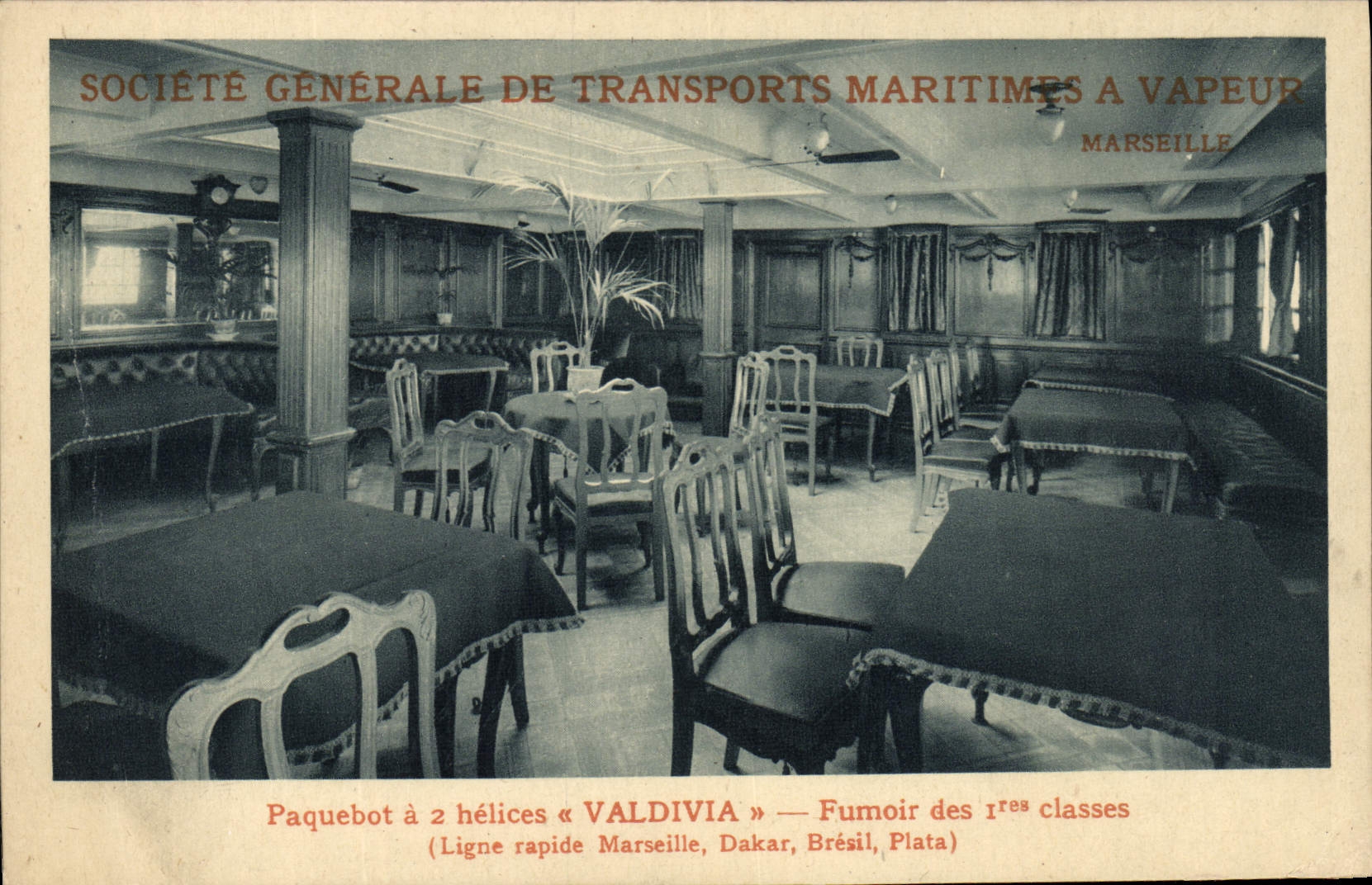 Tarjeta postal antigua Bateau Paquebot a 2 hélices Valdivia Fumoir des 1eres classes Ligne rápida Marsella Dakar Brasil Plata
