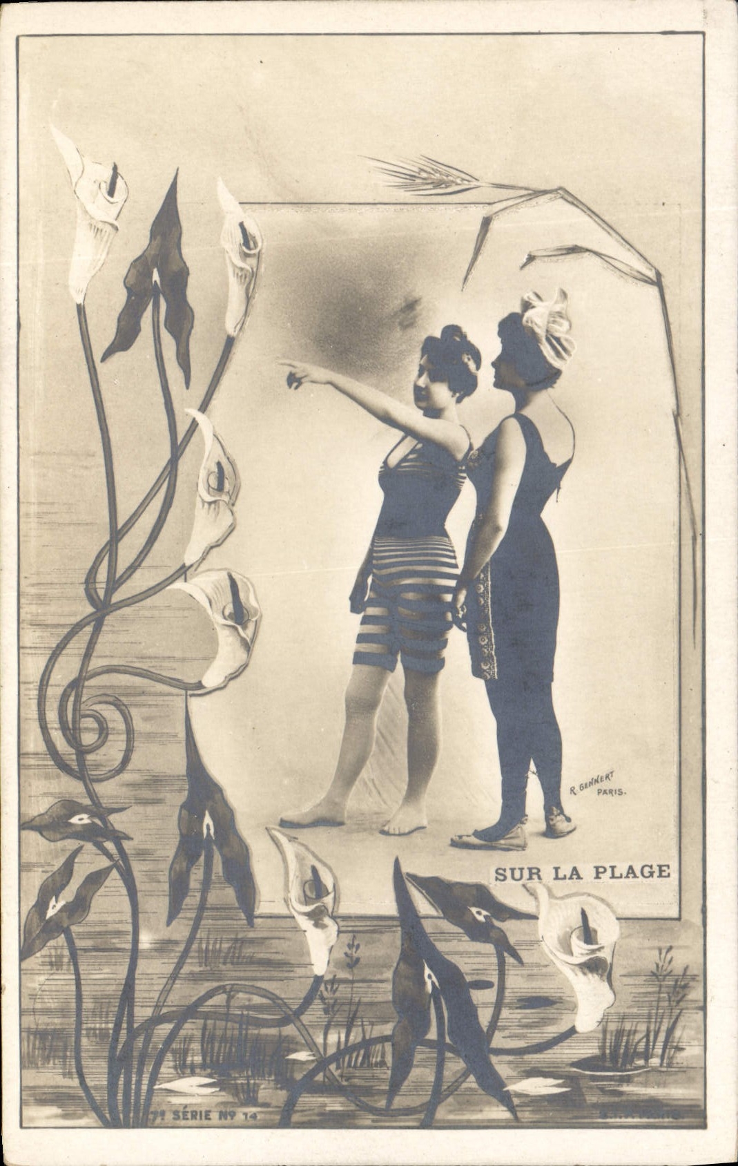 Dos mujeres en trajes de baño — En la playa — R. Gendret, París, Serie N° 14