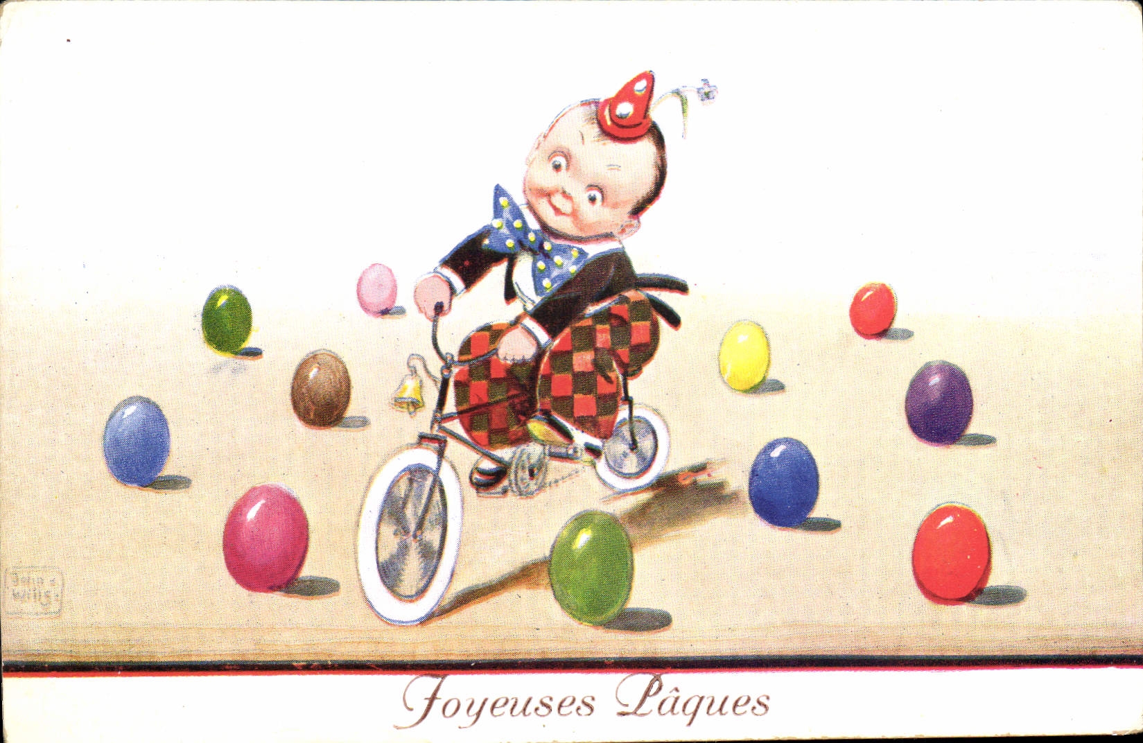 CPA Fantaisie Illustrateur Enfant Paques Velo Cycle 