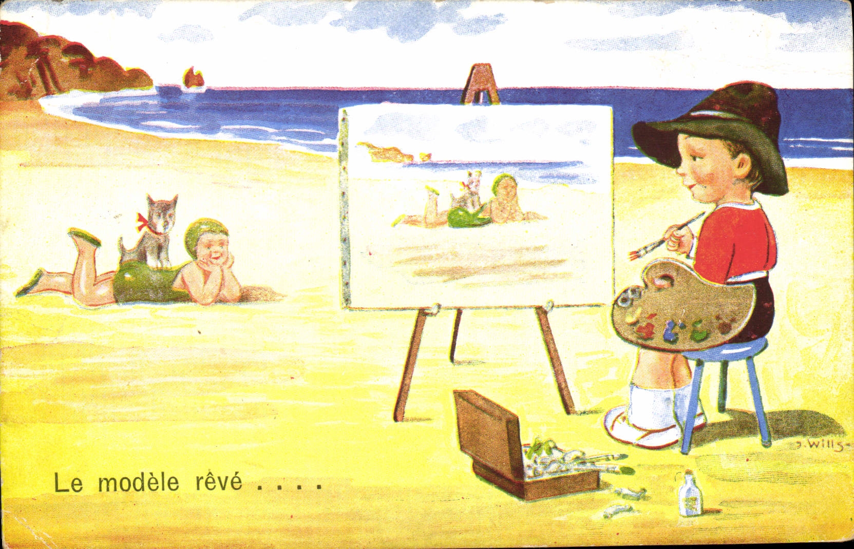 CPA Fantaisie Illustrateur Enfants Peintre Le modele reve Chien Wills