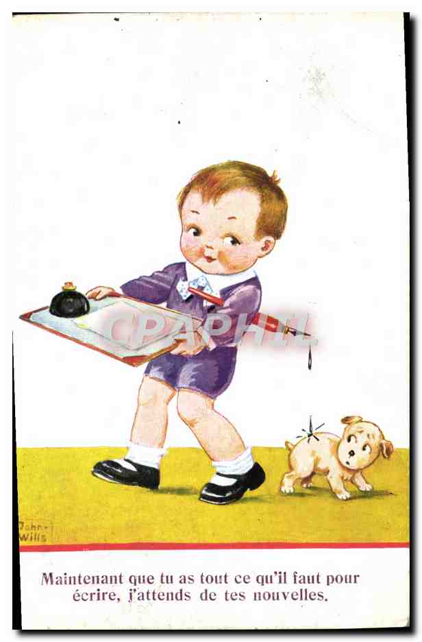 CPA Fantaisie Illustrateur Enfant chien Wills