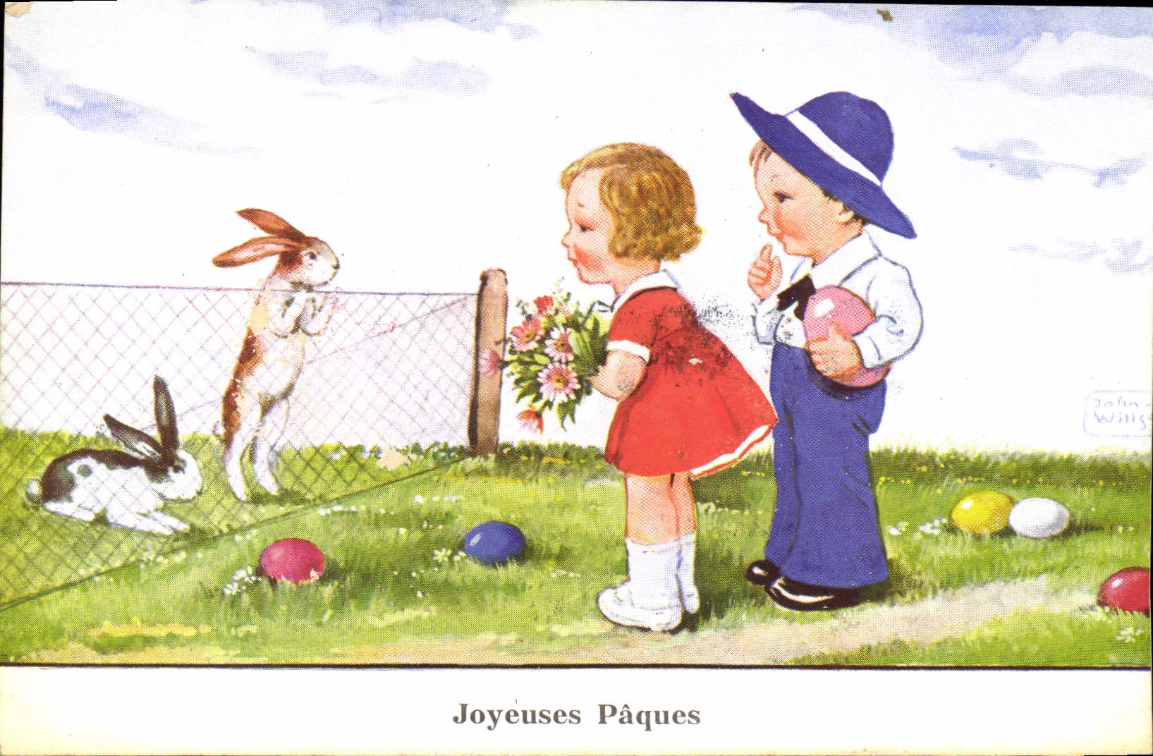 CPA Fantaisie Illustrateur Enfants Lapins Paques 