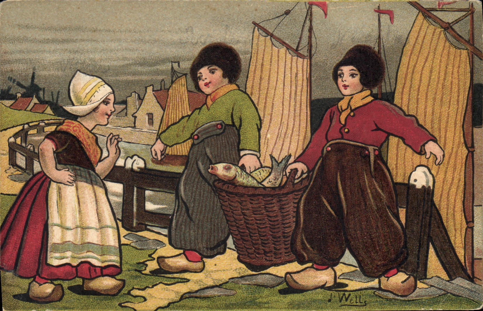 CPA Fantaisie Illustrateur Wells Enfants Pays-Bas Poissons Peche Bateaux