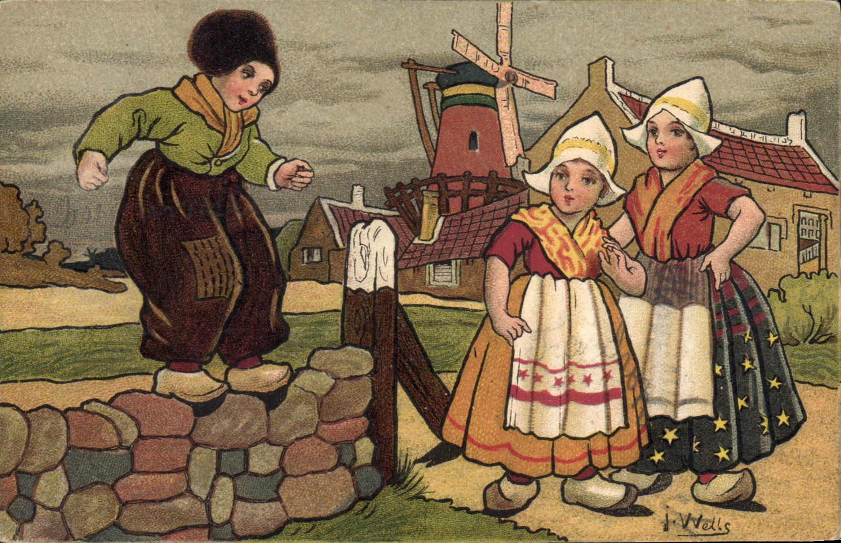 CPA Fantaisie Illustrateur Wells Enfants Pays-Bas Moulin a vent