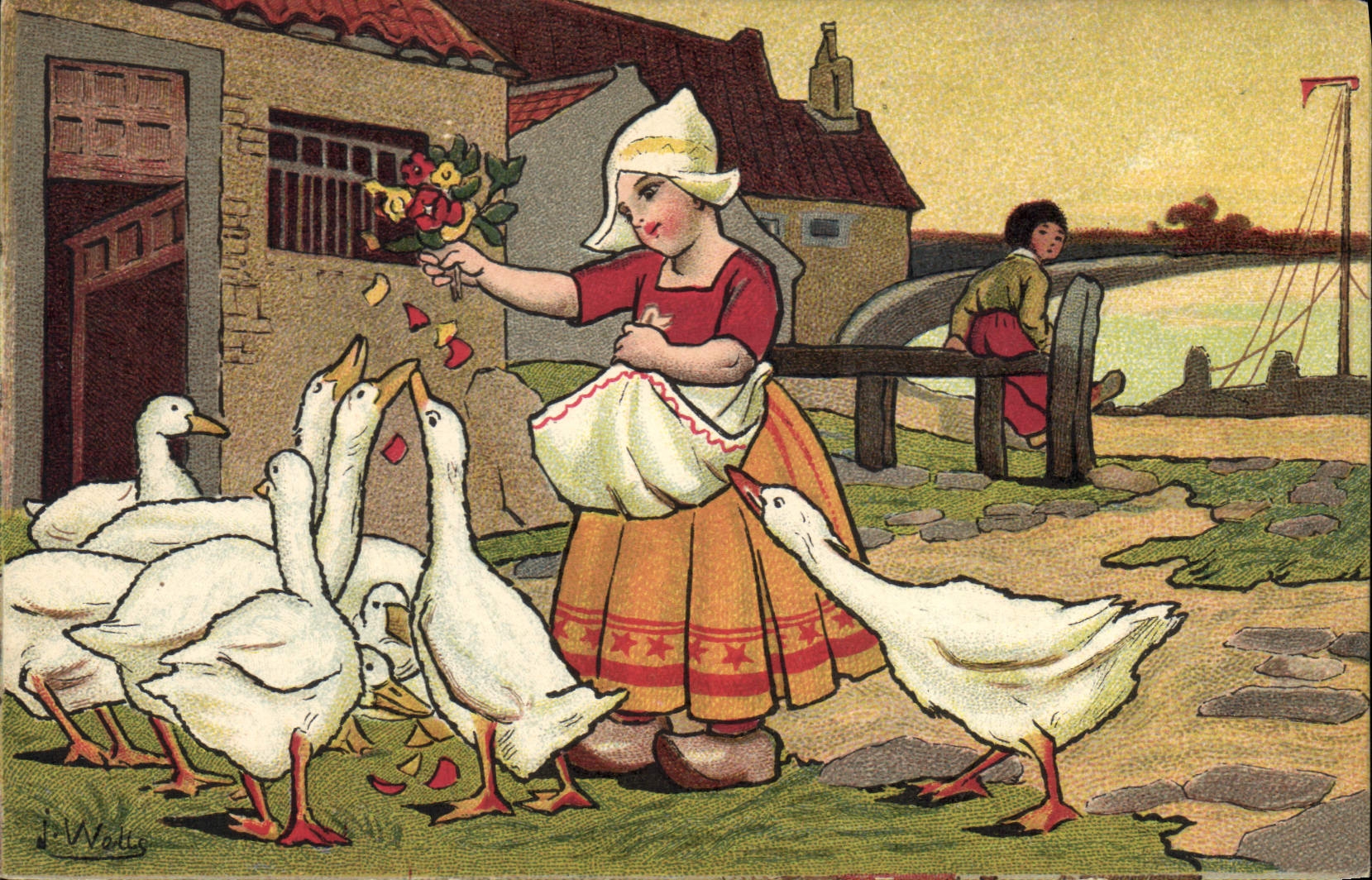 CPA Fantaisie Illustrateur Wells Enfants Pays-Bas Oies