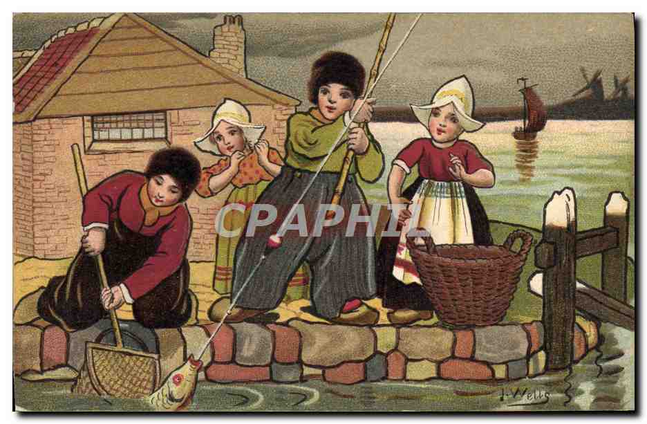 CPA Fantaisie Illustrateur Wells Enfants Pays-Bas Peche Poisson Moulin a vent Pecheur