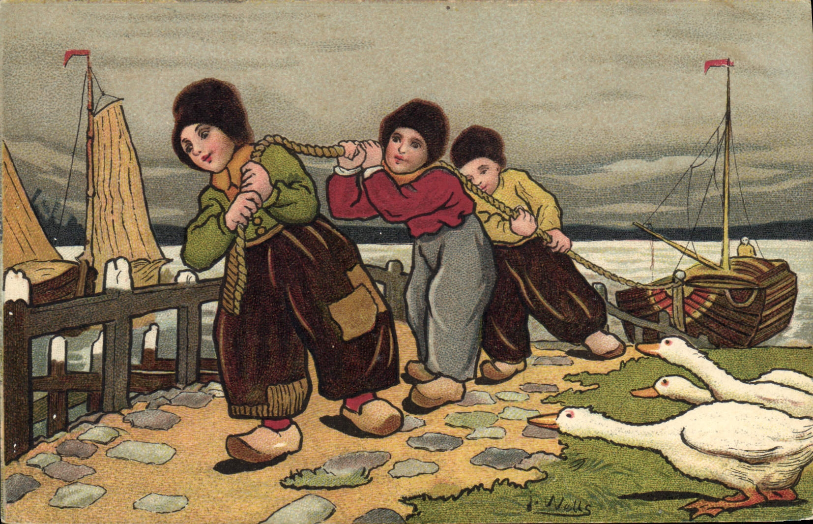 CPA Fantaisie Illustrateur Wells Enfants Pays-Bas Bateau Oies