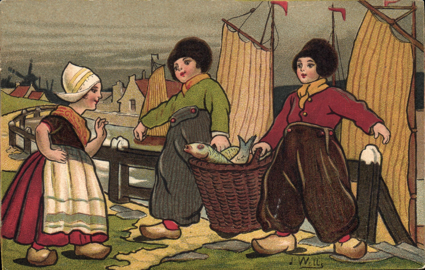 CPA Fantaisie Illustrateur Wells Enfants Pays-Bas Poisson Peche Pecheur