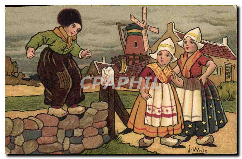 CPA Fantaisie Illustrateur Wells Enfants Pays-Bas Moulin a vent
