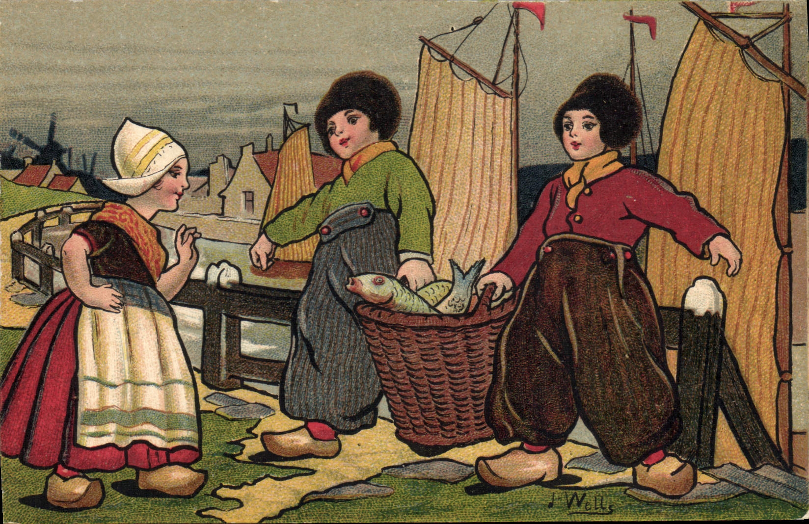 CPA Fantaisie Illustrateur Wells Enfants Pays-Bas Poisson Peche Bateau Pecheur