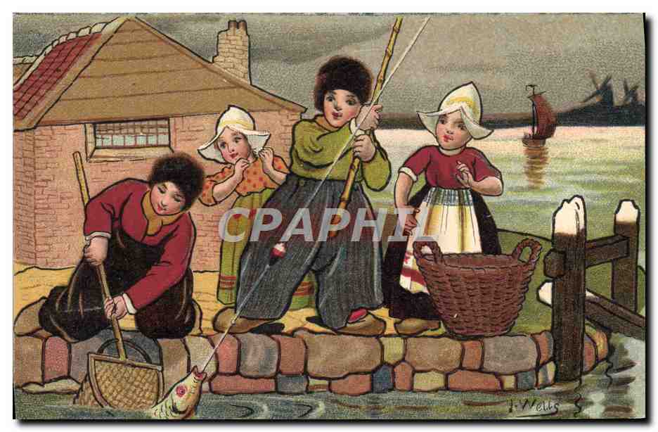 CPA Fantaisie Illustrateur Wells Enfants Pays-Bas Poisson peche 