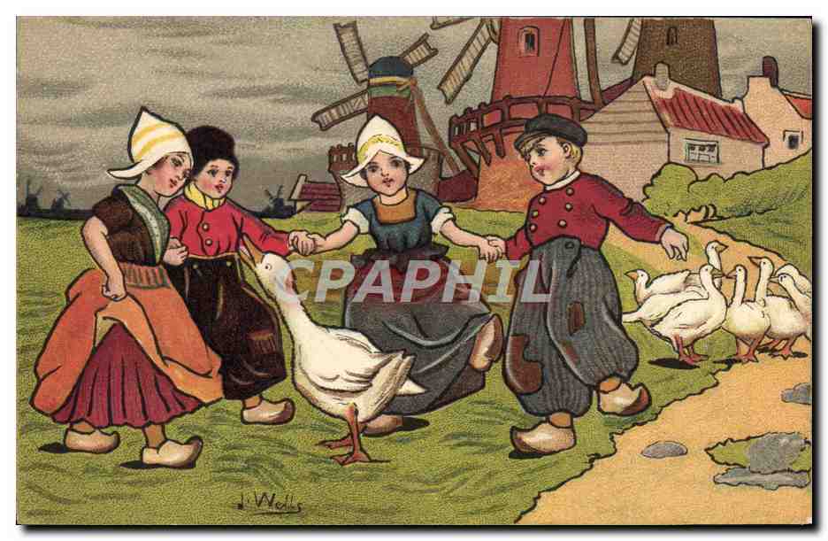 CPA Fantaisie Illustrateur Wells Enfants Pays-Bas Moulin a vent Oies