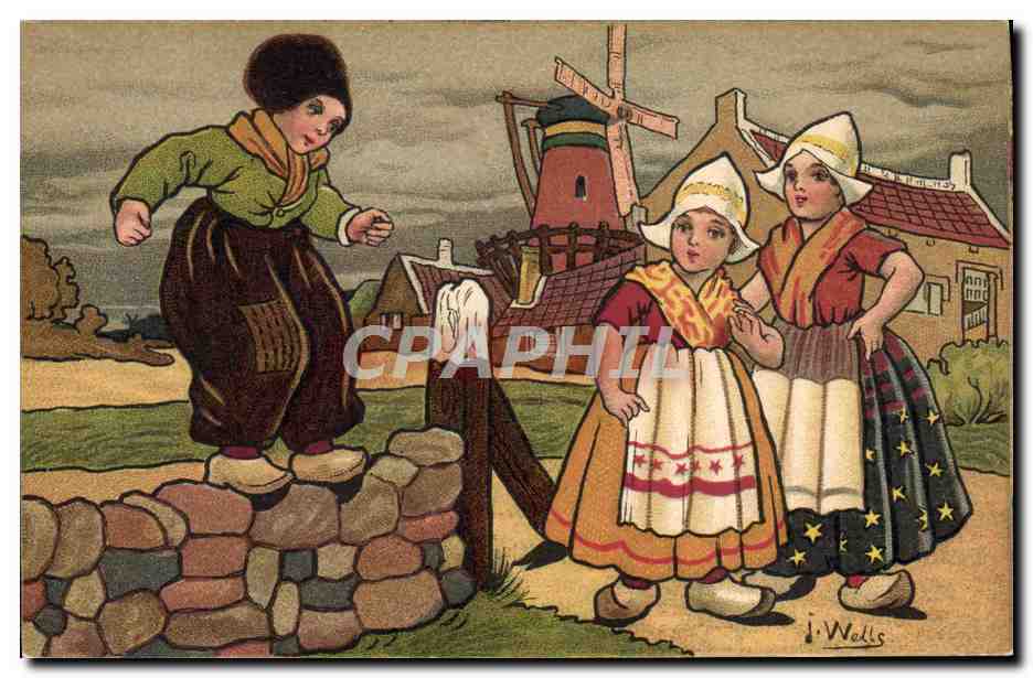 CPA Fantaisie Illustrateur Wells Enfants Pays-Bas Moulin a vent