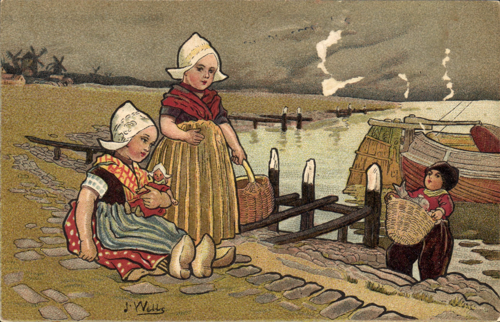 CPA Fantaisie Illustrateur Wells Enfants Pays-Bas Bateau Peche Poisson