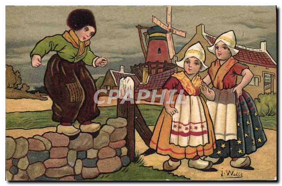 CPA Fantaisie Illustrateur Wells Enfants Pays-Bas Moulin a vent