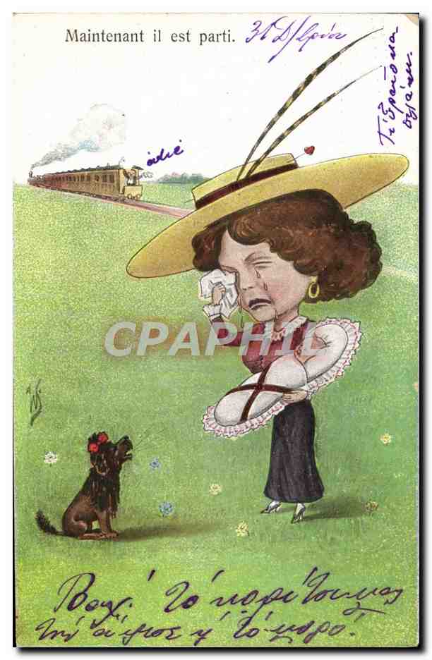 CPA Fantaisie Illustrateur Femme Chein Bebe Train