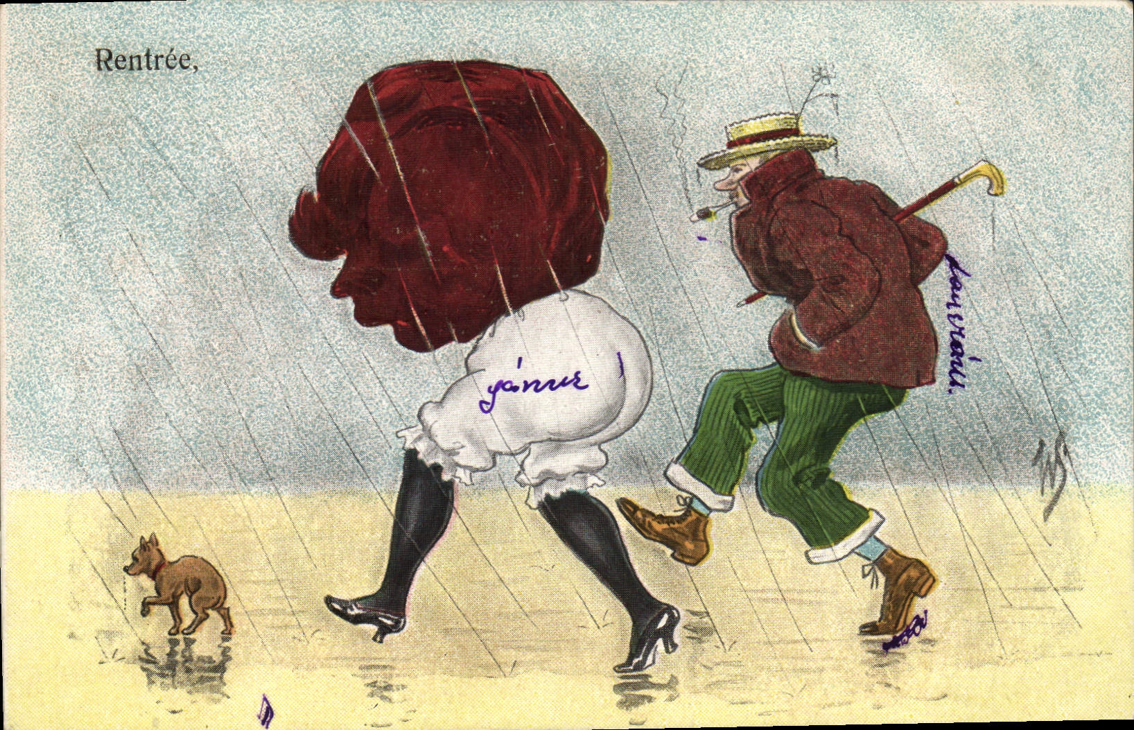 CPA Fantaisie Illustrateur Rentree Femme Chien