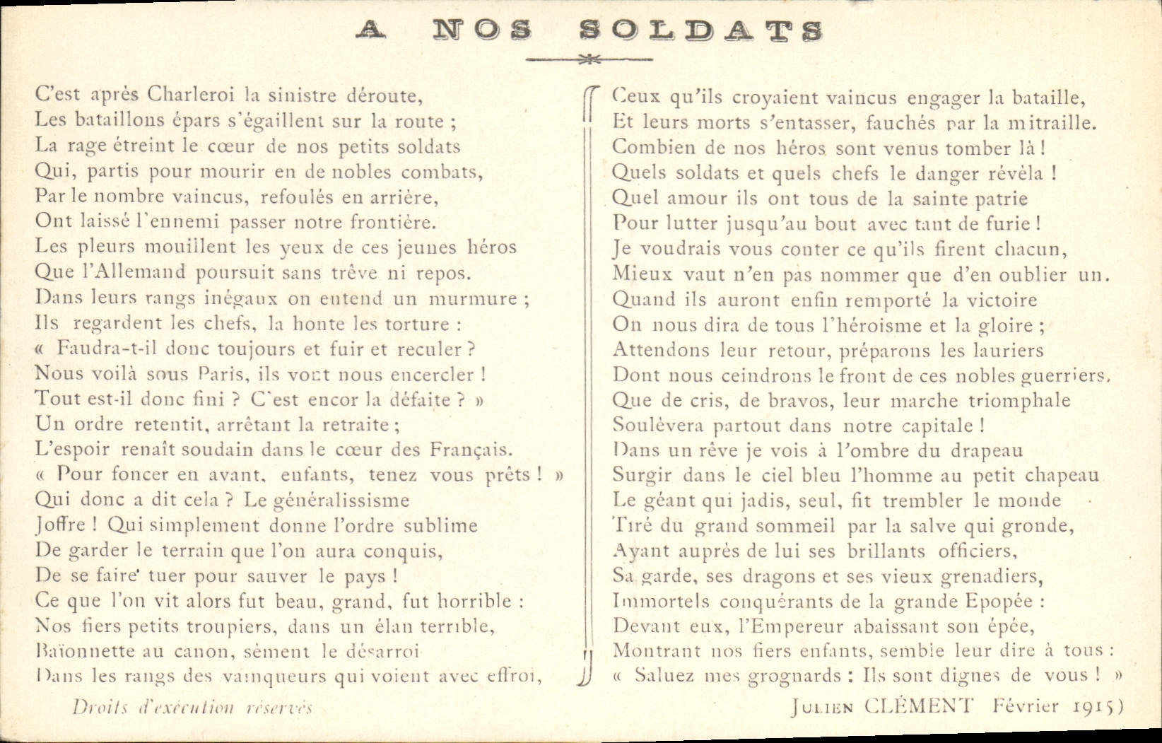 A NOS SOLDATS — Poème de Julien Clément — Février 1915