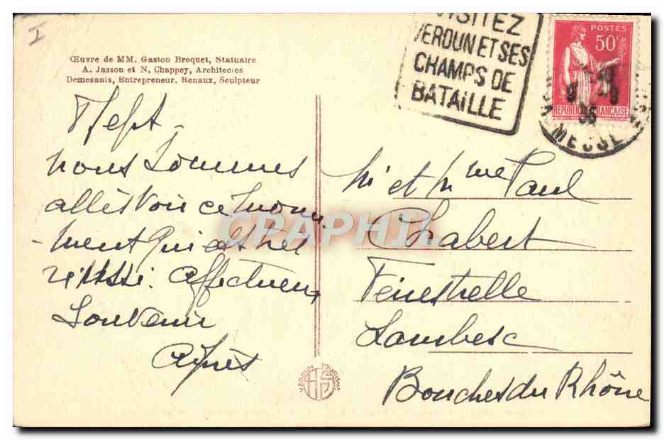 Monument élevé à la mémoire d'André MAGINOT sur la pente nord du Fort de SOUVILLE — œuvre de Gaston Broquet, statuaire — Reverso