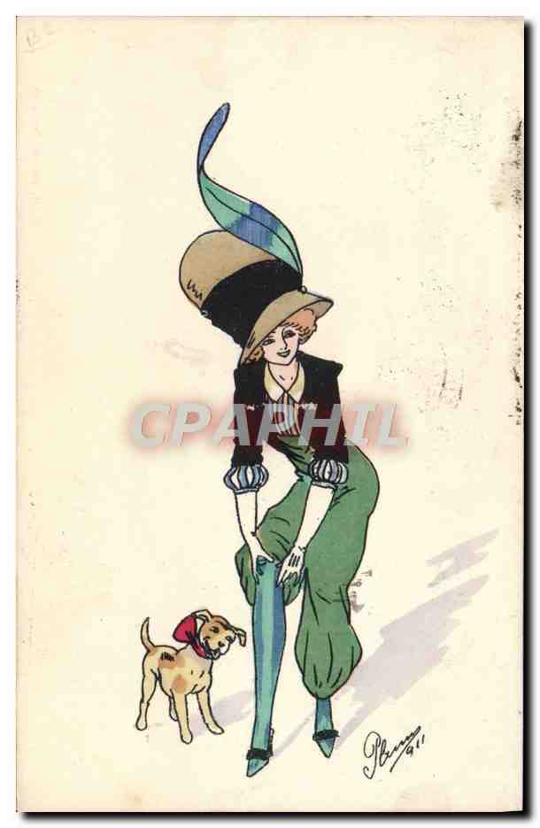 CPA Fantaisie Illustrateur Femme Chien