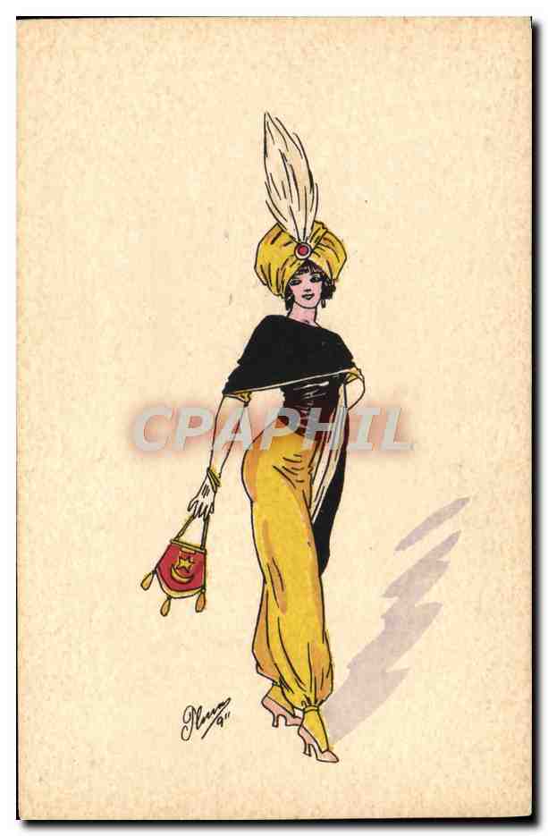Femme en tenue orientale — turban jaune et robe jaune — dessin signé 'Plouz' — C.H. Paris, Série 29