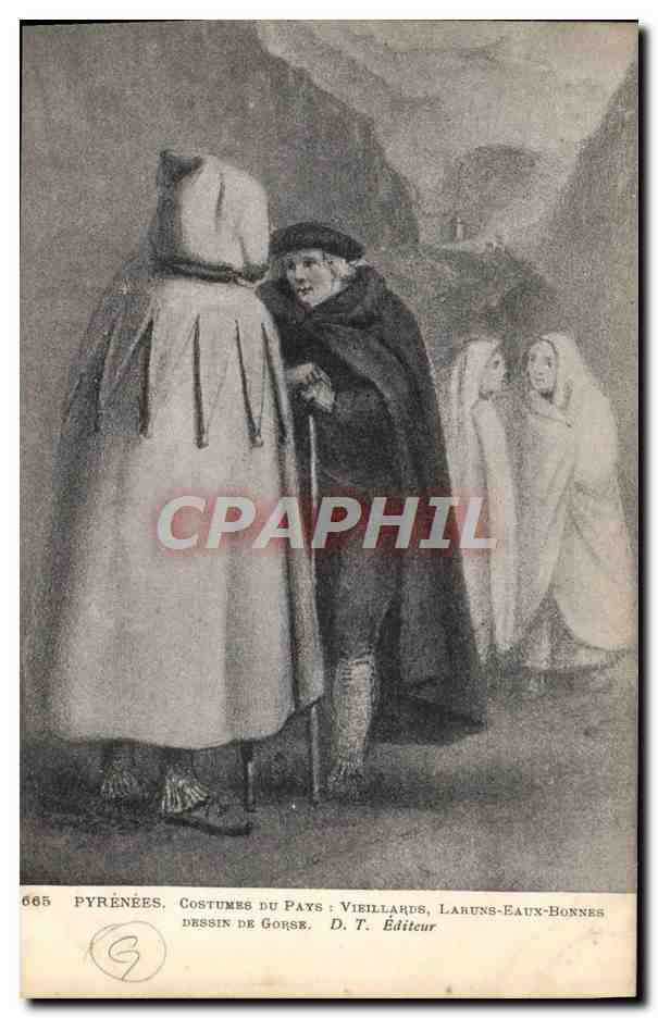 Costumes du Pays : Vieillards, Lahuns-Eaux-Bonnes — Dessin de Gorse — D. T. Éditeur