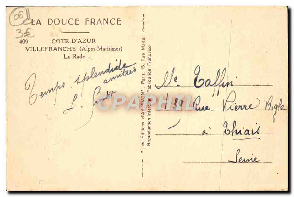 CPA Villefranche La Rade Bateaux — Rückseite
