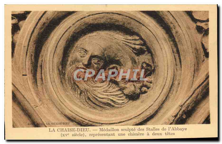 CPA La Chaise Dieu Medaillon sculpte des stalles de l'abbaye representant une chimere a deux tetes