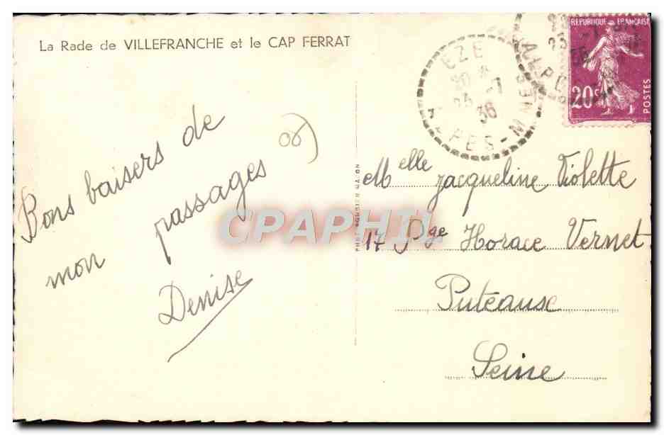 CPA La Rade de Villefranche et le Cap Ferrat — Verso