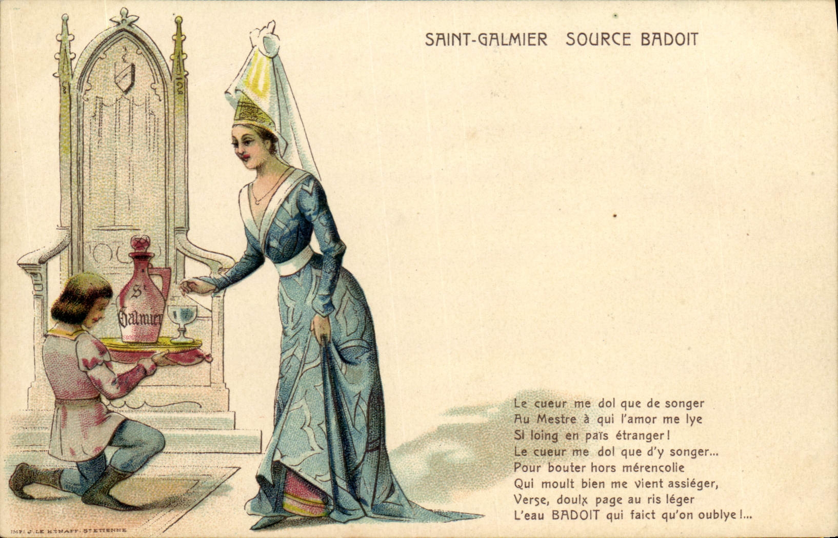 Saint-Galmier - Source Badoit — Illustration de la reine offrant de l'eau Badoit à un chevalier — Imprimerie J. Le Knaff, Stettienne