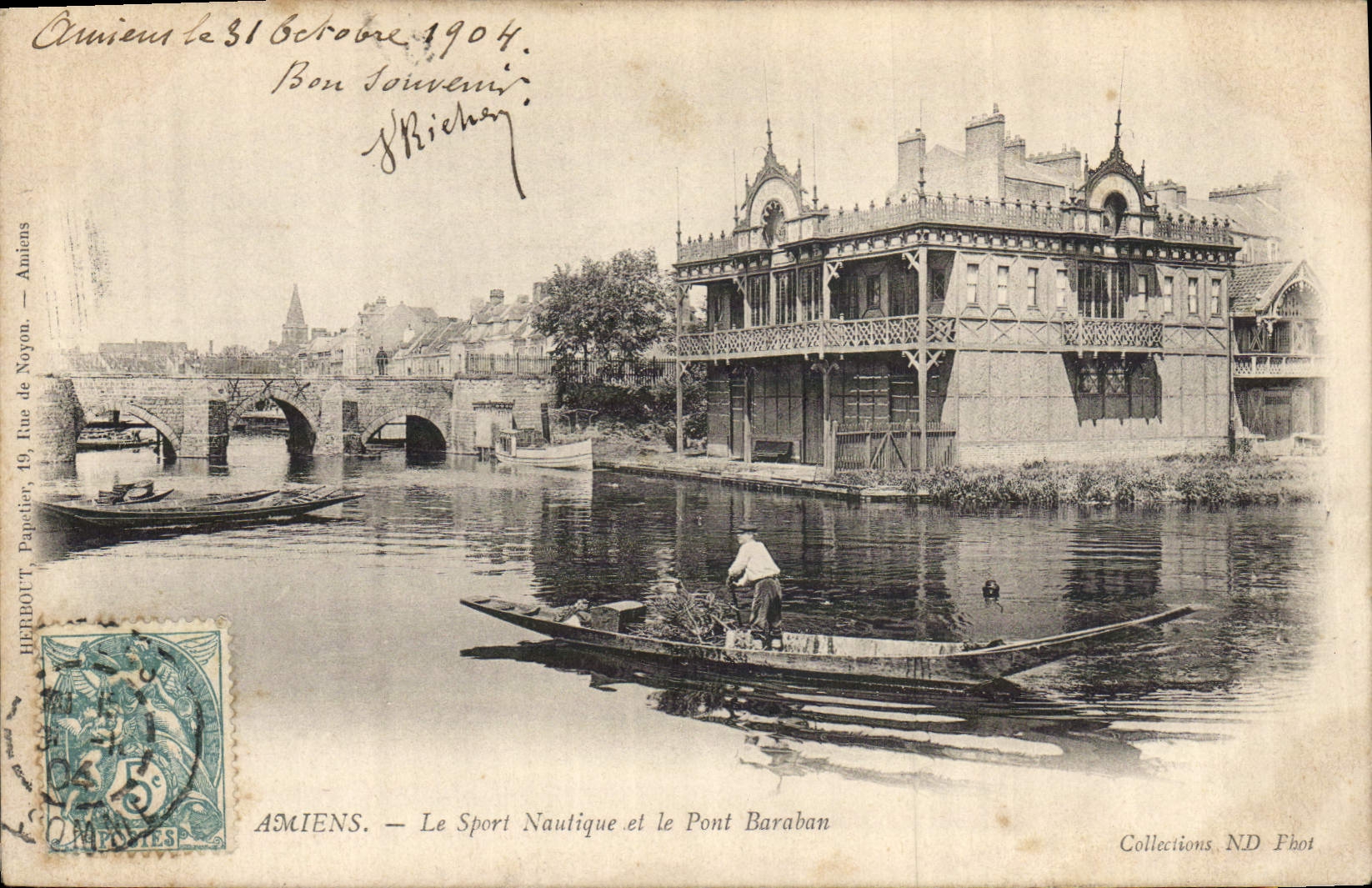 Amiens — Le Sport Nautique et le Pont Baraban — HERBOUT, Papetiers, 19, Rue de Noyon