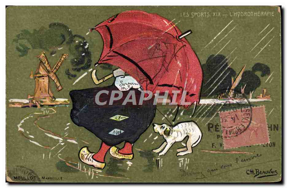 Femme avec parapluie rouge et chien — hydrothérapie — Moullot, Marbeille