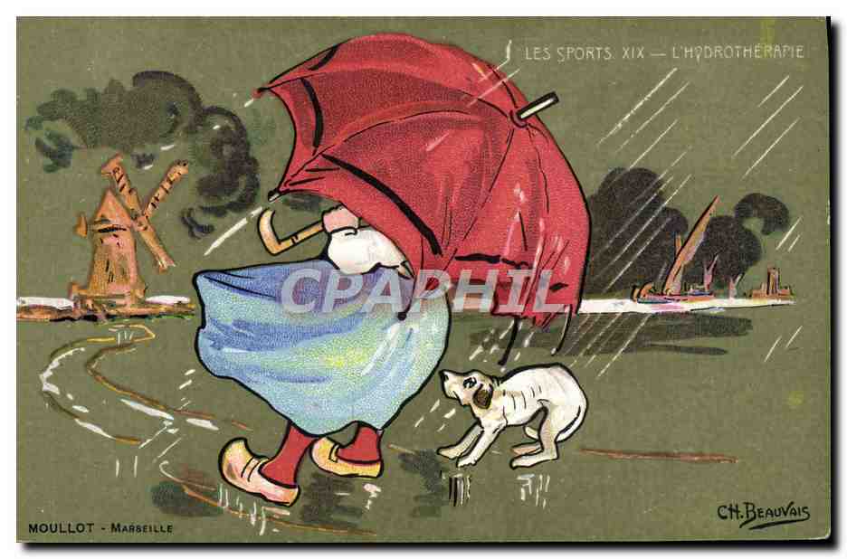 Femme avec chien sous parapluie — Les Sports. XIX — L'Hydrothérapie — Moullot - Marseille