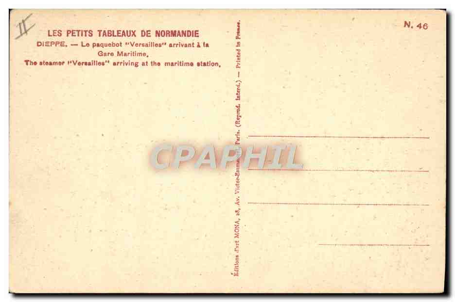CPA Bateau Paquebot Versailles arrivant a la gare maritime Dieppe — Verso