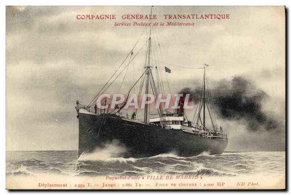 CPA Bateau Paquebot Compagnie Generale Transatlantique Poste Ville de Madrid 