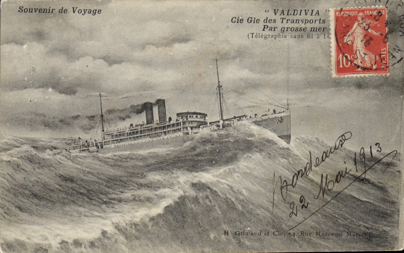 Le vapeur "Valdivia" — Cie Gle des Transports — H. Grimaud et Cie, 54 Rue Mazenod, Marseille