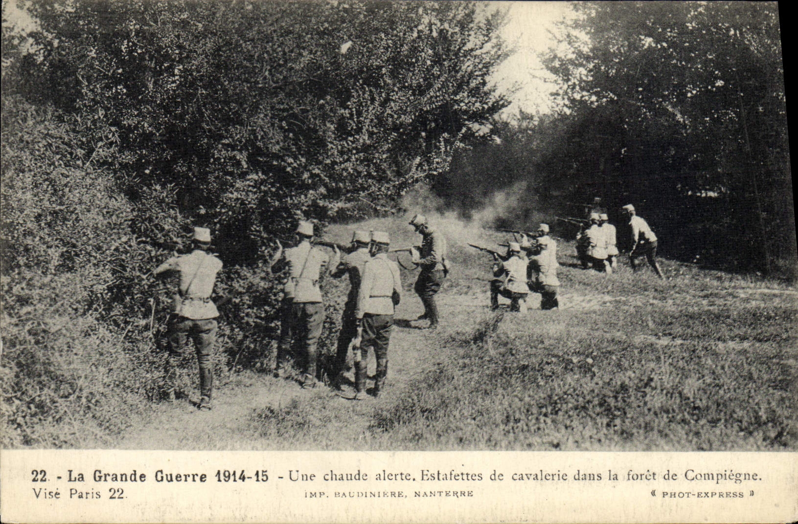Estafettes de cavalerie dans la forêt de Compiègne — La Grande Guerre 1914-15 — IMP. BAUDINIÈRE, NANTERRE