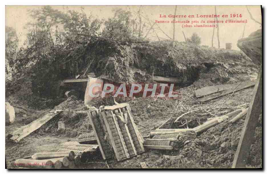 CPA Militaria Batterie allemande pres du cimetiere d'Herimenil obus abandonnes