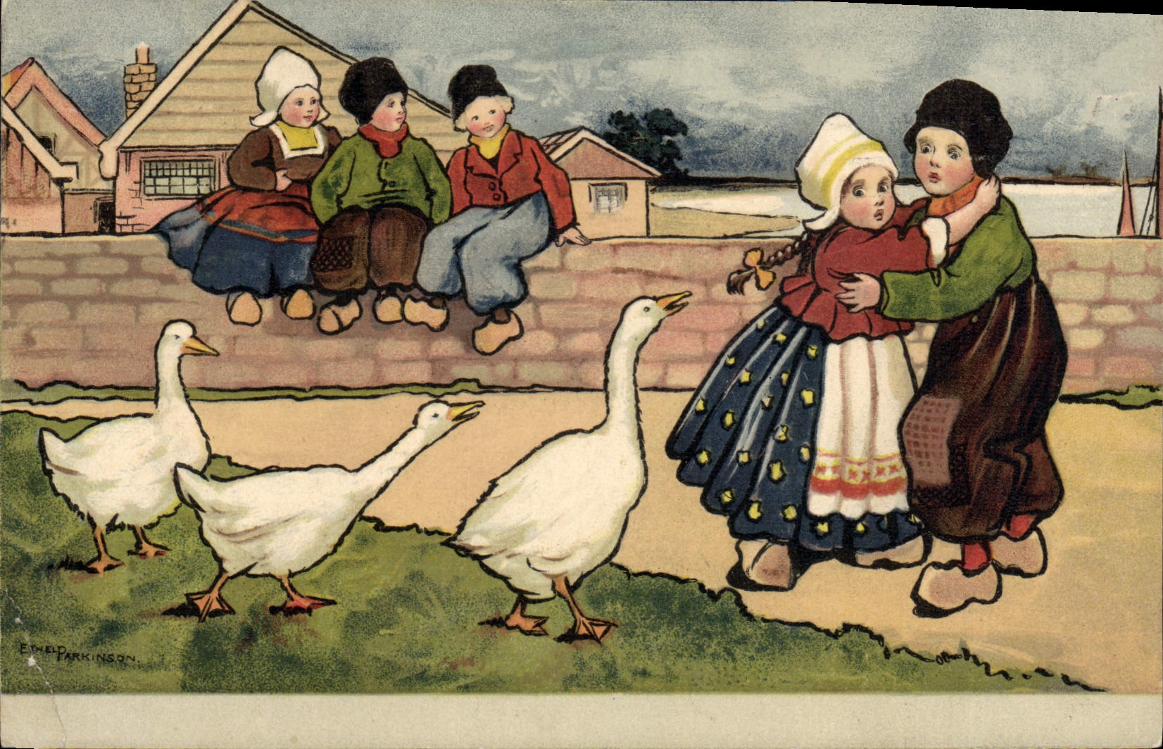 CPA Fantaisie Illustrateur Enfants Parkinson Oies