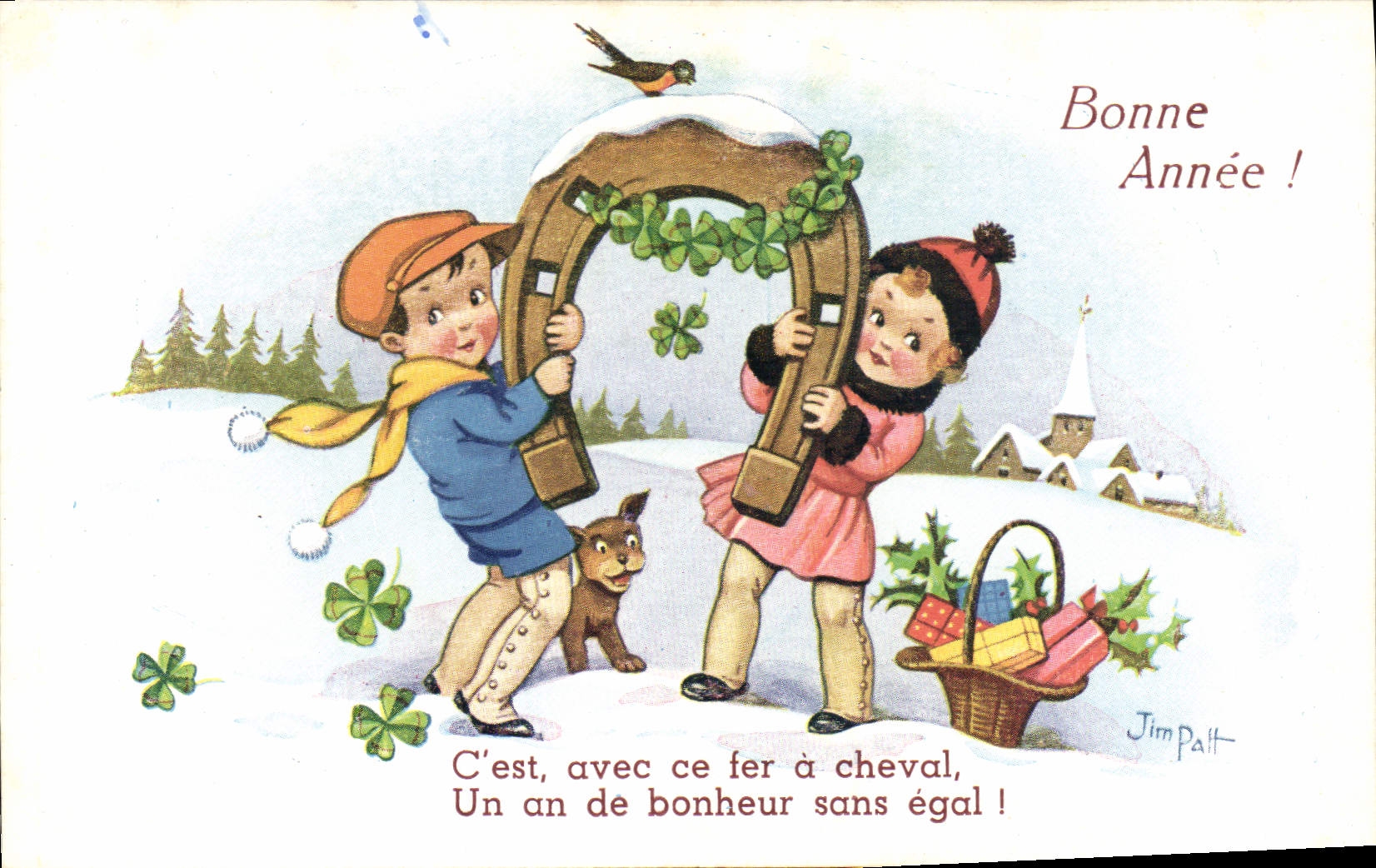 CPA Fantaisie Illustrateur Jim Patt Enfant Fer a cheval Chien