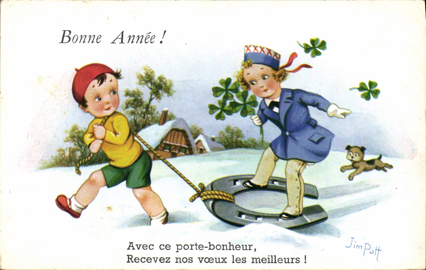 CPA Fantaisie Illustrateur Jim Patt Enfants Fer a cheval Chien