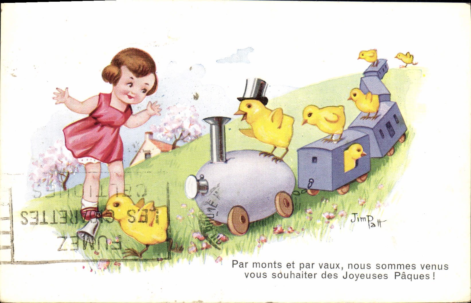 CPA Fantaisie Illustrateur Jim Patt Enfant Train Poussins 