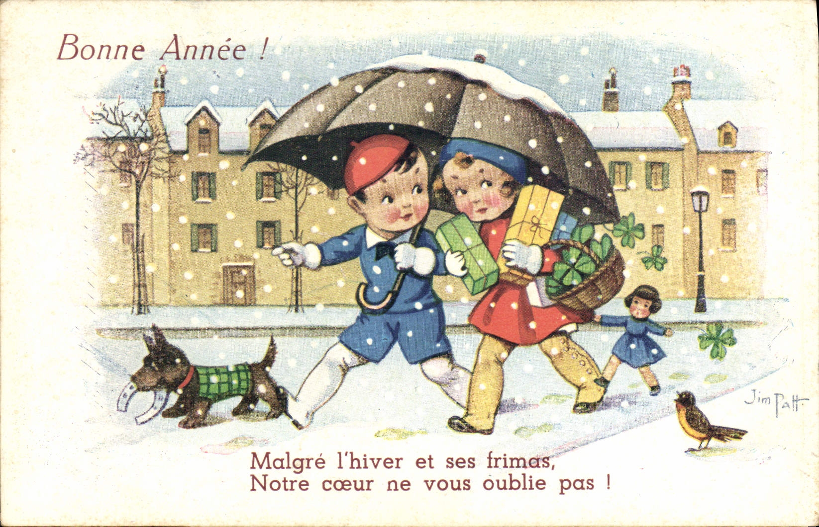 CPA Fantaisie Illustrateur Jim Patt Enfants Fer a cheval Chien Trefle