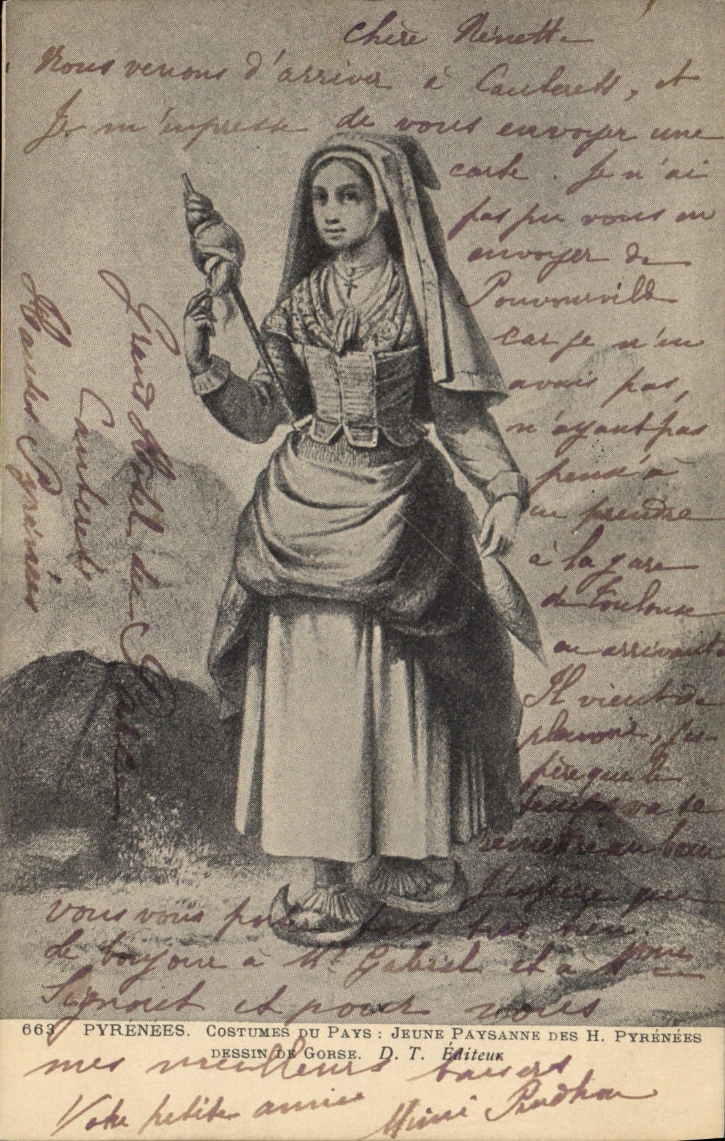 CPA Folklore Pyrenees Costumes du Pays Jeune paysanne des Hautes Pyrenees Dessin de Gorse 