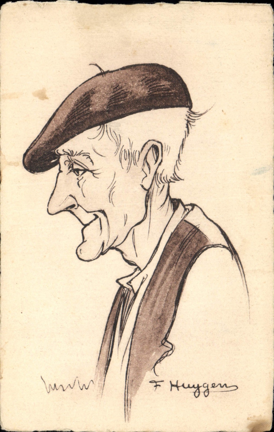 Un bon vieux — caricature d'un vieil homme au béret — F. Huyggen