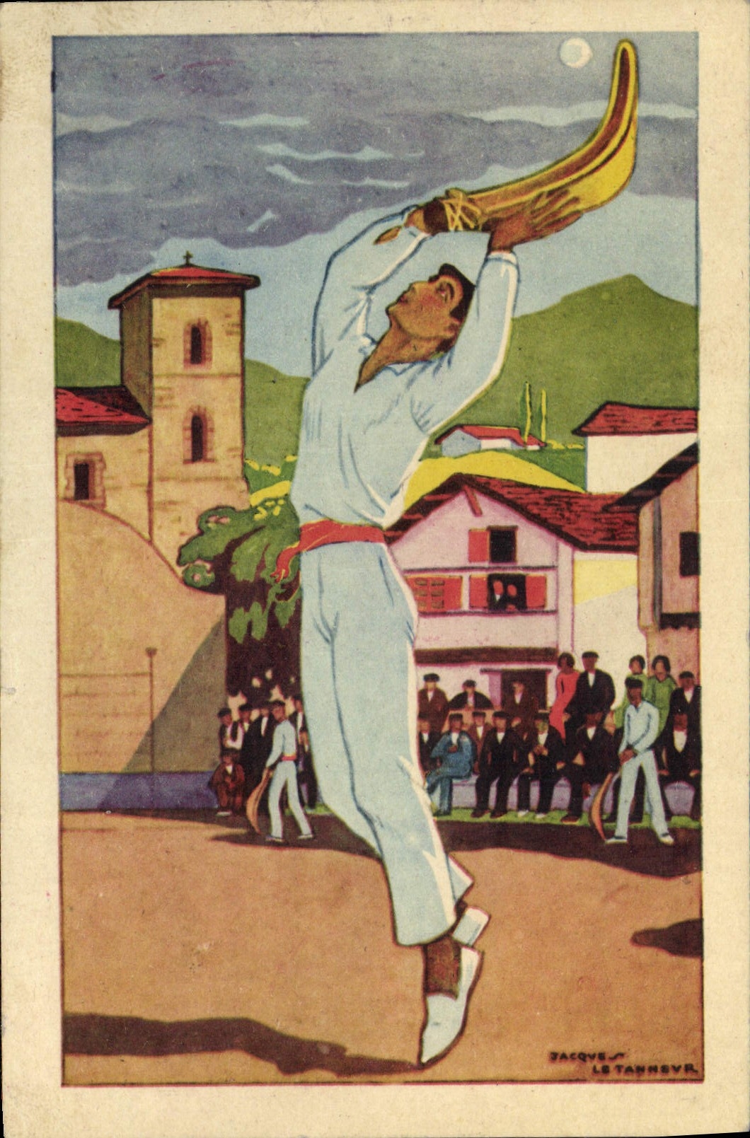 Joueur de pelote à Chistera — d'après les Gouchees originales de Jacques Le Tanneur
